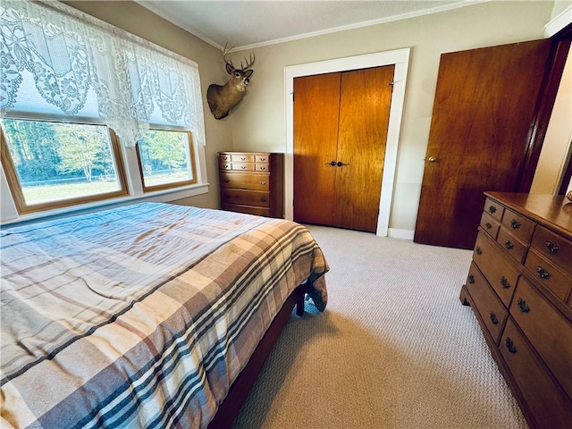 bedroom with light colored carpet, ornamental molding, and a closet