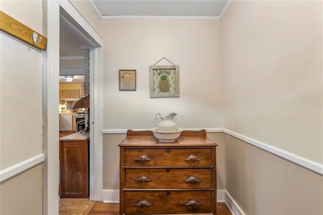 hallway with light wood-type flooring, crown molding, and baseboards