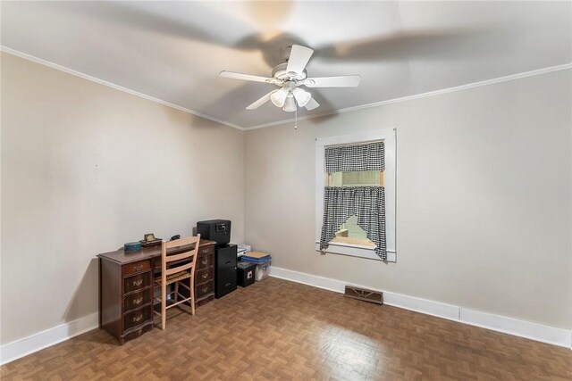 office space featuring ornamental molding, ceiling fan, and baseboards