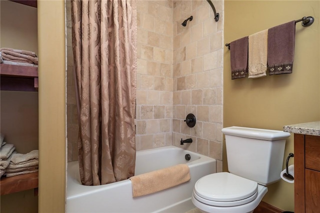 full bathroom with vanity, shower / bath combination with curtain, and toilet