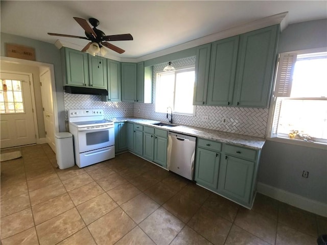 kitchen with tasteful backsplash, stainless steel dishwasher, ceiling fan, sink, and white electric range