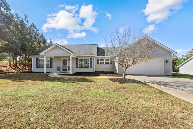 ranch-style house with a garage and a front lawn