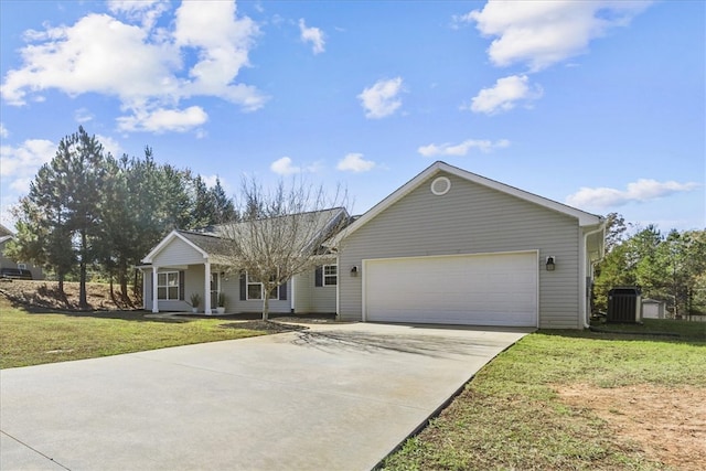 ranch-style home with central air condition unit, a front lawn, covered porch, and a garage