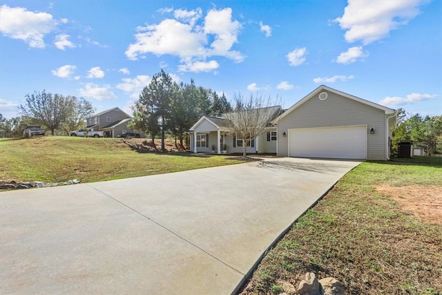 single story home with a front yard and a garage