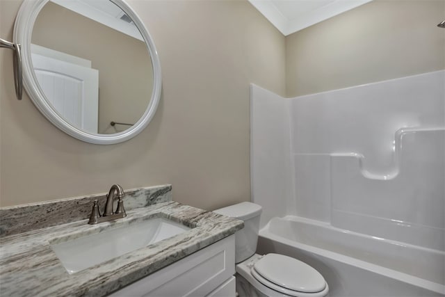 full bathroom featuring vanity, toilet, washtub / shower combination, and crown molding