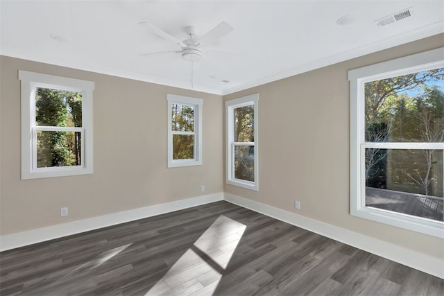 spare room with dark hardwood / wood-style flooring, a wealth of natural light, and ornamental molding