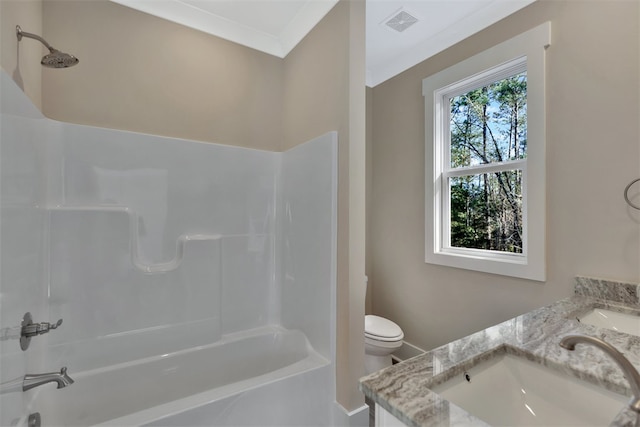 full bathroom featuring vanity, shower / bath combination, toilet, and ornamental molding