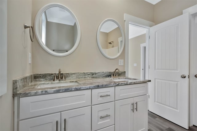 bathroom with hardwood / wood-style floors and vanity