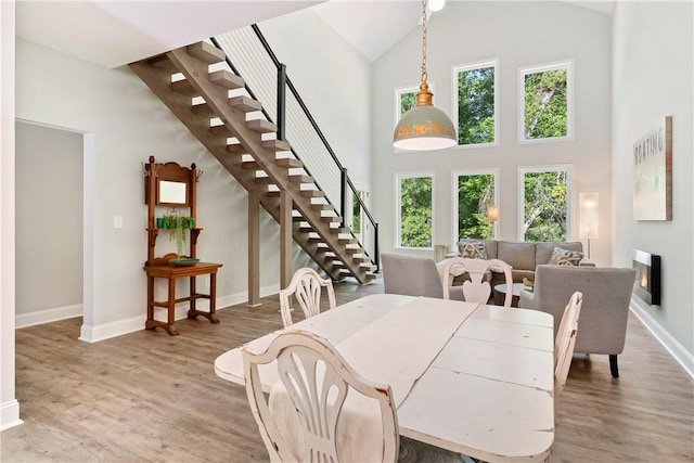 dining room featuring hardwood / wood-style floors and high vaulted ceiling