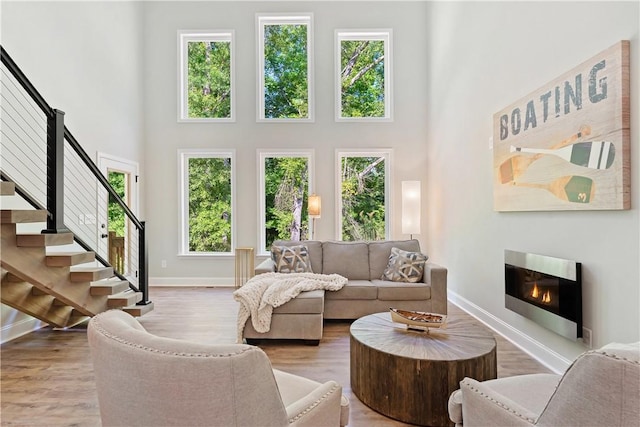 living room with light hardwood / wood-style floors and a high ceiling