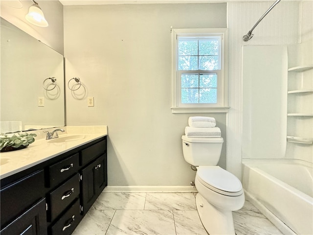 full bathroom with vanity, bathtub / shower combination, and toilet