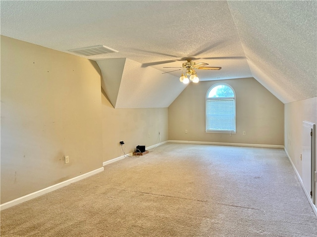 additional living space featuring carpet floors, a textured ceiling, and vaulted ceiling