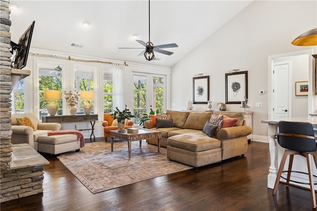 living room featuring french doors, dark hardwood / wood-style flooring, high vaulted ceiling, and ceiling fan