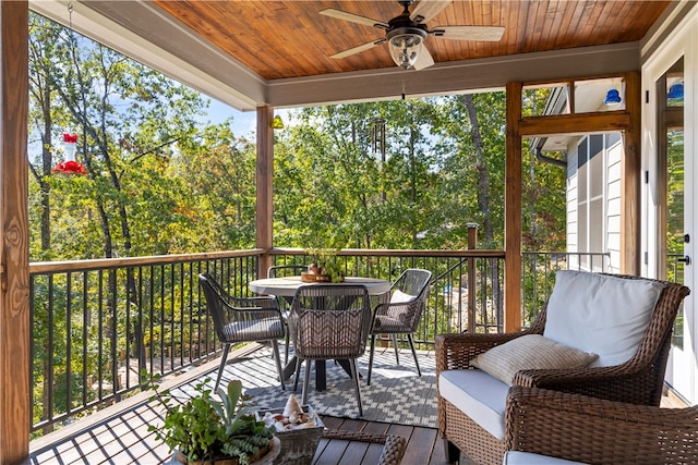 sunroom with ceiling fan and wooden ceiling