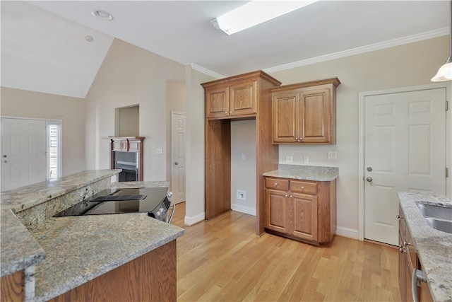 kitchen with lofted ceiling, sink, crown molding, light hardwood / wood-style flooring, and light stone countertops