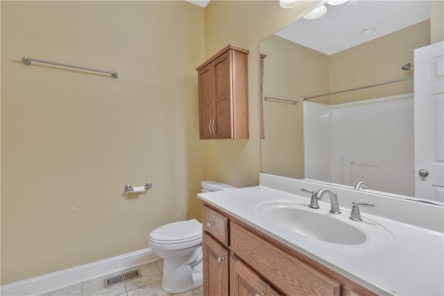 bathroom with tile patterned flooring, vanity, toilet, and a shower