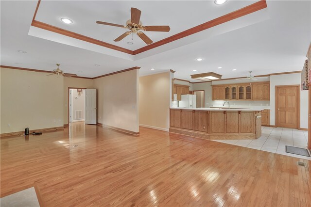 unfurnished living room with a raised ceiling, light hardwood / wood-style flooring, ornamental molding, and sink