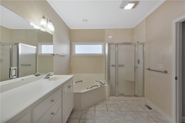 bathroom featuring vanity, a healthy amount of sunlight, crown molding, and separate shower and tub