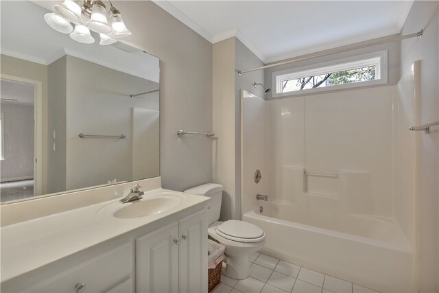 full bathroom featuring tile patterned flooring, shower / bathing tub combination, toilet, and crown molding