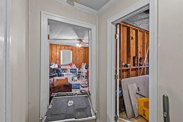 interior space with crown molding and wooden walls