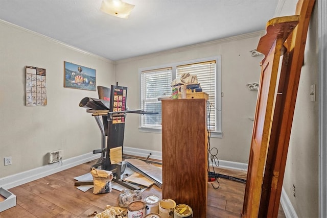 workout area featuring crown molding and hardwood / wood-style floors