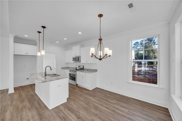 kitchen featuring pendant lighting, a kitchen island with sink, white cabinets, sink, and appliances with stainless steel finishes