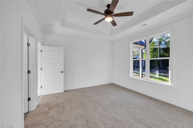 spare room featuring carpet flooring, a raised ceiling, ceiling fan, and ornamental molding