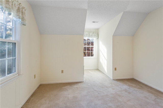 additional living space featuring a textured ceiling, a wealth of natural light, light colored carpet, and lofted ceiling