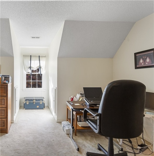 carpeted office with a textured ceiling and lofted ceiling