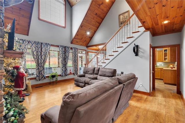 living room featuring light hardwood / wood-style flooring, high vaulted ceiling, and wooden ceiling