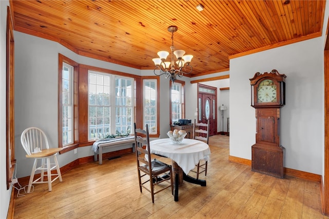 dining room with wooden ceiling, crown molding, light hardwood / wood-style floors, and an inviting chandelier