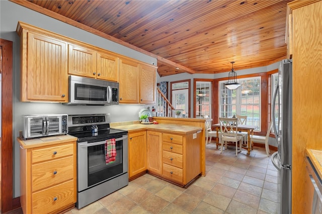 kitchen with hanging light fixtures, kitchen peninsula, light brown cabinetry, wood ceiling, and appliances with stainless steel finishes