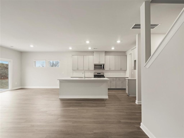 kitchen featuring an island with sink, appliances with stainless steel finishes, sink, and hardwood / wood-style floors