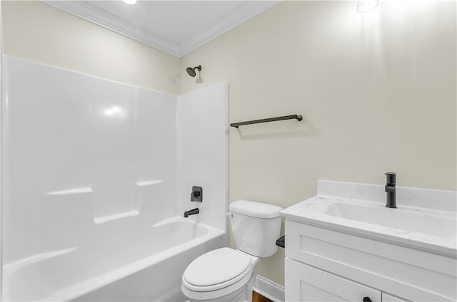 full bathroom with bathing tub / shower combination, toilet, vanity, and ornamental molding