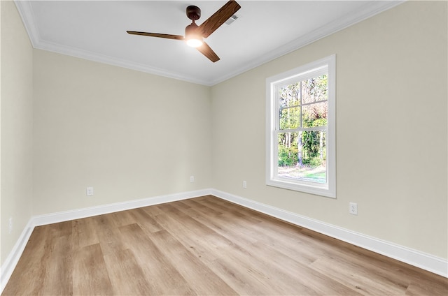 unfurnished room with crown molding, ceiling fan, and light wood-type flooring