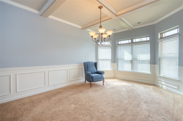 sitting room featuring carpet flooring, coffered ceiling, ornamental molding, a notable chandelier, and beamed ceiling