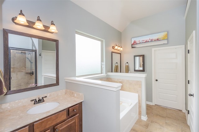 bathroom with vanity, tile patterned flooring, plus walk in shower, and vaulted ceiling