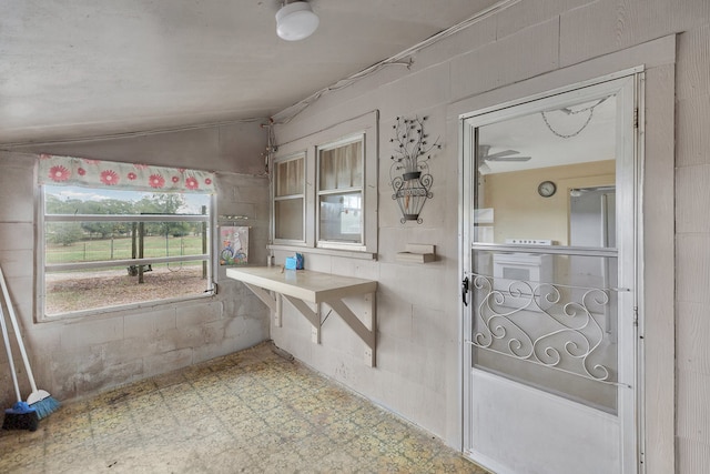 bathroom with lofted ceiling