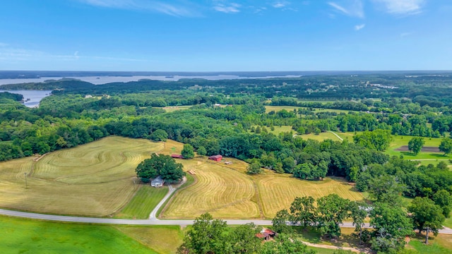 bird's eye view featuring a rural view and a water view