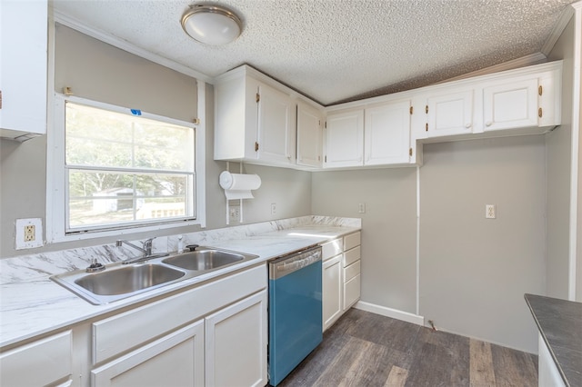 kitchen with white cabinets, dishwasher, ornamental molding, and dark wood-type flooring