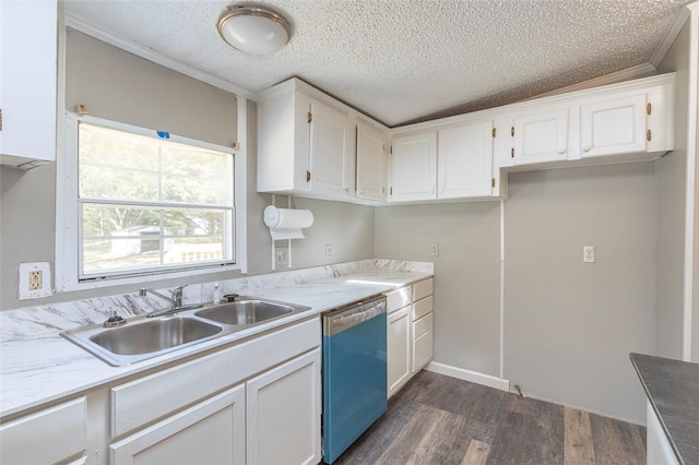 182 Poplar Springs Dr, Easley, SC 29642 - kitchen featuring dishwashing machine, a sink, dark wood-type flooring, white cabinets, and a textured ceiling