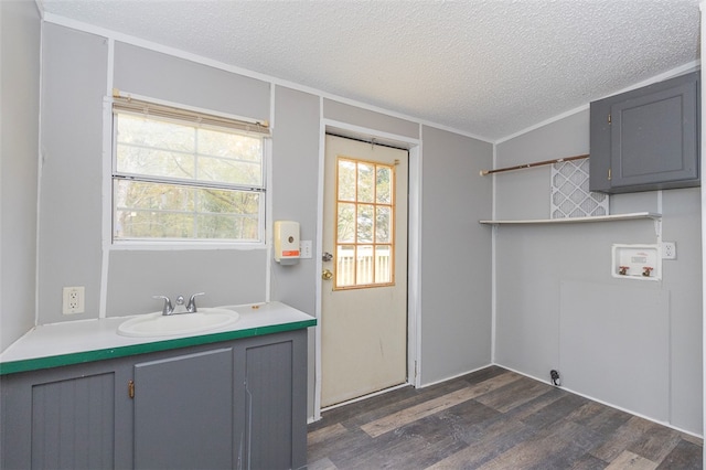 washroom featuring hookup for a washing machine, ornamental molding, dark wood-type flooring, and sink