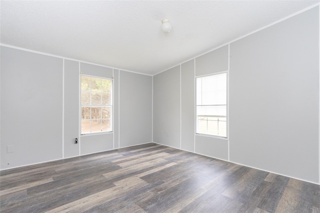 spare room with a textured ceiling, dark hardwood / wood-style flooring, vaulted ceiling, and ornamental molding