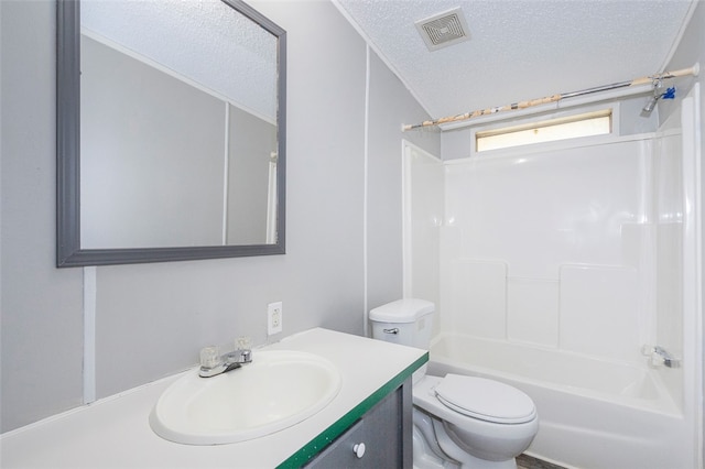 full bathroom featuring shower / tub combination, vanity, a textured ceiling, and toilet