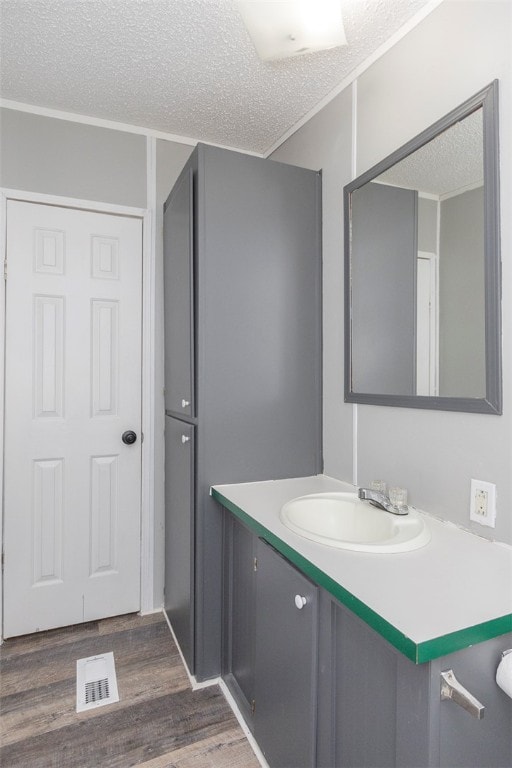 bathroom with vanity, wood-type flooring, and a textured ceiling