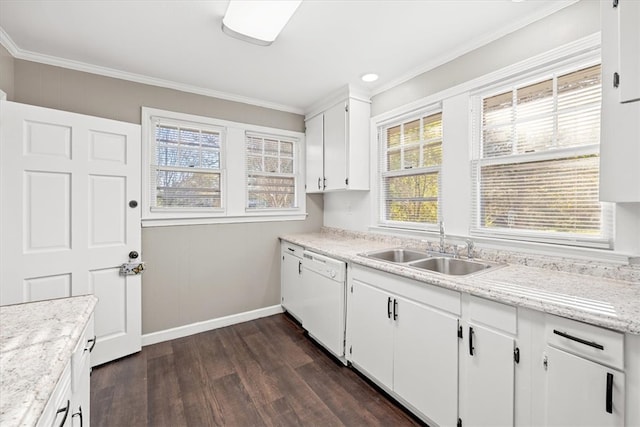 kitchen with white dishwasher, crown molding, sink, white cabinets, and dark hardwood / wood-style floors