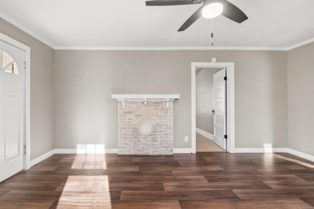 unfurnished living room with dark hardwood / wood-style flooring and ornamental molding