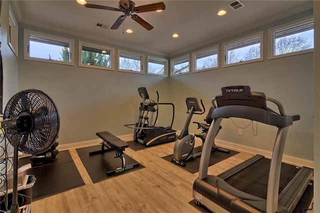 exercise area featuring wood-type flooring, ceiling fan, and crown molding