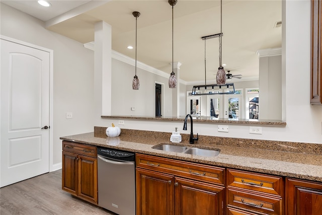 kitchen with ceiling fan, sink, dishwasher, light stone counters, and light hardwood / wood-style flooring