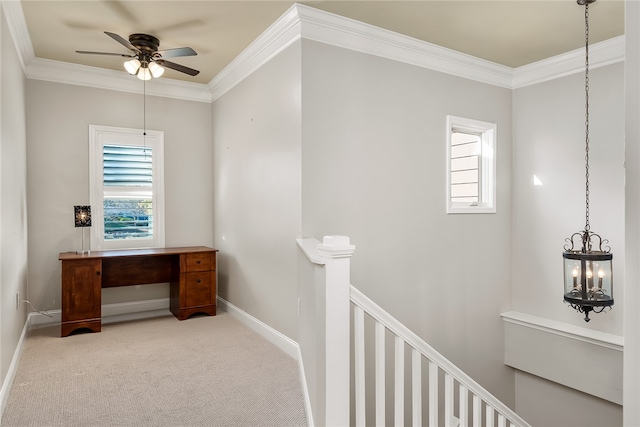 office featuring light carpet, ceiling fan with notable chandelier, and ornamental molding